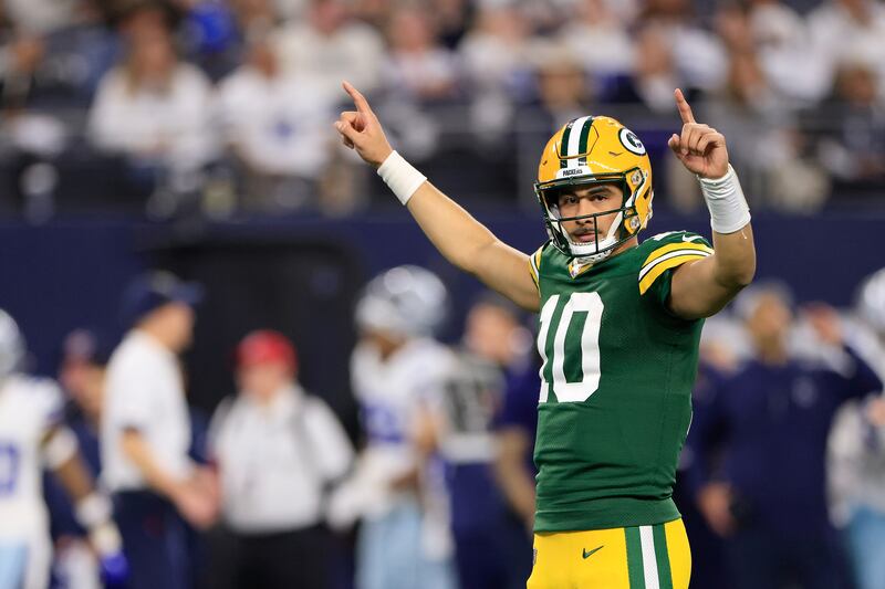 Jordan Love of the Green Bay Packers celebrates a touchdown against the Dallas Cowboys. Photograph: Ron Jenkins/Getty Images