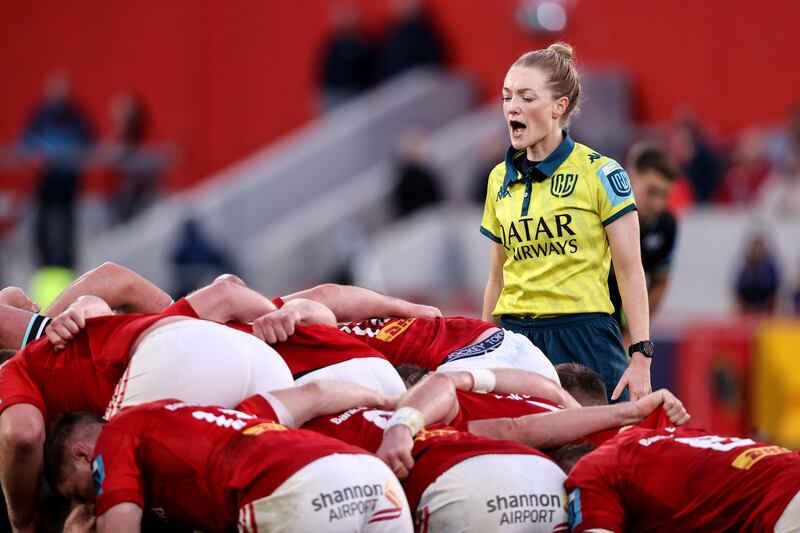 Referee Hollie Davidson at the scrum during Munster vs Ospreys. Photograph: Ben Brady/Inpho