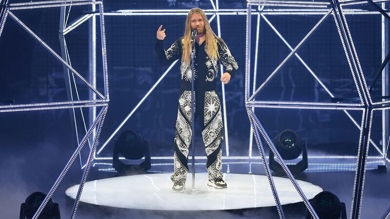 Sam Ryder performs Space Man. Photograph:  EPA/Alessandro di Marco