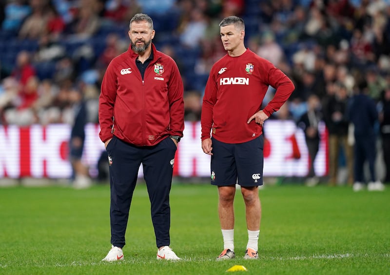 British and Irish Lions head coach Andy Farrell, left, and assistant coach Johnny Sexton before Saturday's Lions match against Waratahs in Sydney. Photograph: Robbie Stephenson/PA