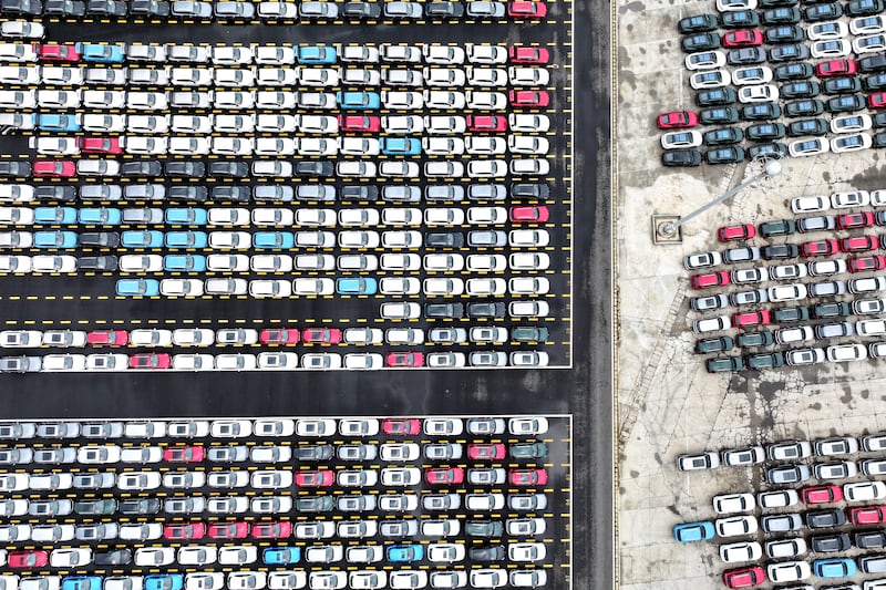 Chinese-made cars are seen before being loaded onto a ship at the port in Lianyungang, in China's eastern Jiangsu province. Photograph: STR/AFP via Getty Images