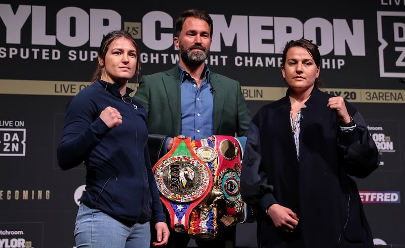 Katie Taylor, Eddie Hearn and Chantelle Cameron: Michael Conlan made two assertions, the first that Cameron in Dublin will be a tougher contest than Amanda Serrano in New York and the second that Taylor is the closest thing to a saint he has seen. Photograph: ©Inpho/Gary Carr