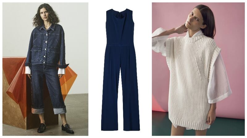 Filippa K (filippa-k.com) denim jacket, €255, jeans €155; J Lindeberg navy jumpsuit, €165 from Arnotts; Rodebjer (rodebjer.com) knit €250, shirt dress, €295
