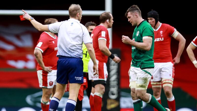 Peter O’Mahony is shown red during Ireland’s defeat to Wales. Photograph: Tommy Dickson/Inpho