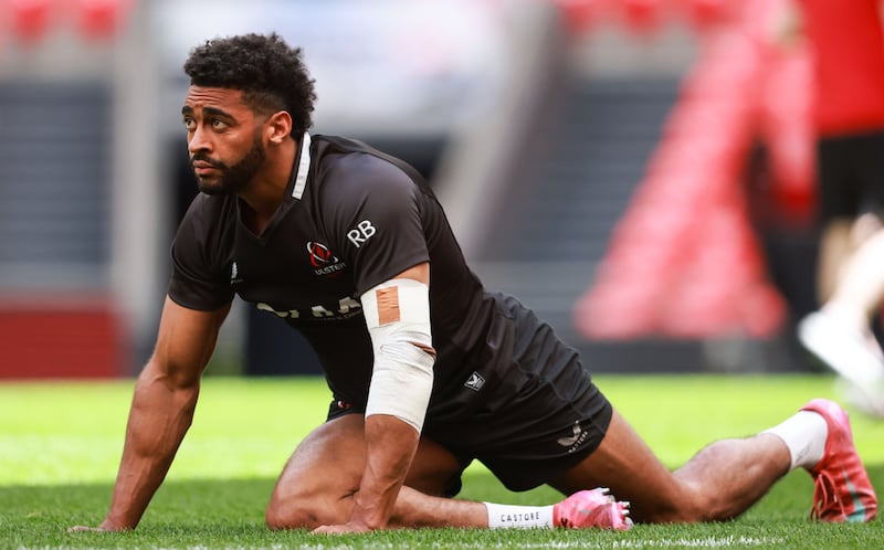 Robert Baloucoune stretches during the Ulster captain's run at the San Mamés Stadium in Bilbao. Photograph: Nick Elliott/Inpho