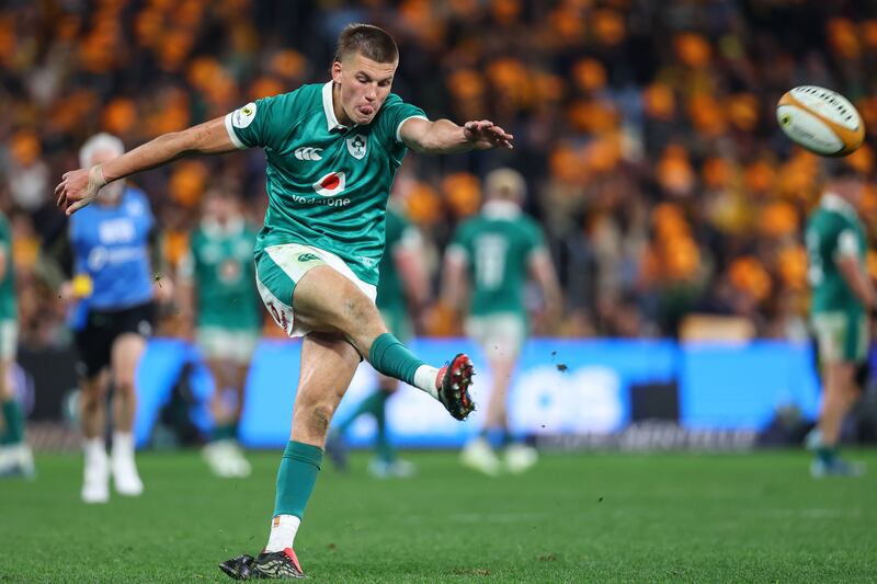 2026 Nations Championship Southern Hemisphere Series, Allianz Stadium, Sydney, Australia 4/7/2026
Australia vs Ireland
Ireland’s Sam Prendergast takes a conversion kick 
Mandatory Credit ©INPHO/Ben Brady