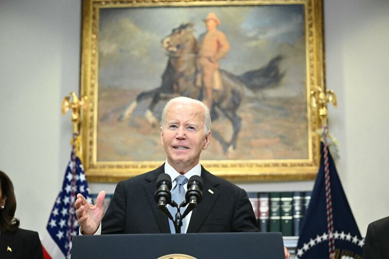 US resident Joe Biden speaks from the Roosevelt Room of the White House in Washington DC, on Sunday. Photograph: Mandel Ngan/AFP via Getty