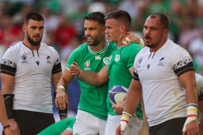 Johnny Sexton and Conor Murray during the World Cup victory over Romania in Bordeaux when Sexton overtook John Hayes to become Ireland's oldest player. Photograph: Laszlo Geczo/Inpho 