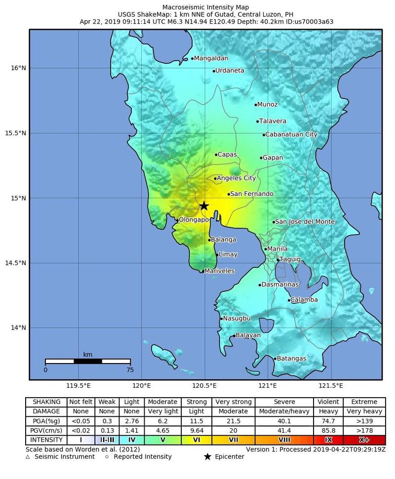 An intensity map made available by the United States Geological Survey (USGS) shows the location of a 6.3 magnitude earthquake that struck at a depth of 40.2 kilometers, near Gutad, Philippines, 22 April 2019. Photograph: USGS/EPA