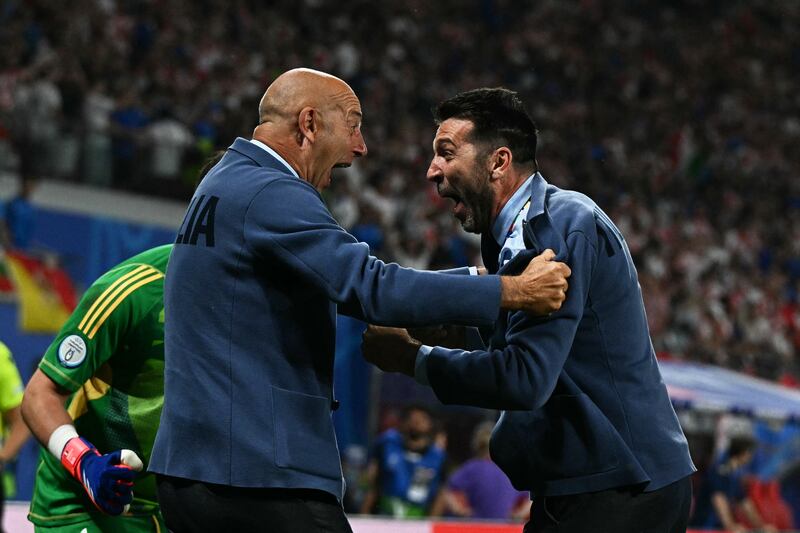Former Italian international football players and Italy's delegation head Gianluigi Buffon celebrates after Zaccagni scored his team's equaliser. Photograph: Gabriel Bouys/AFP via Getty