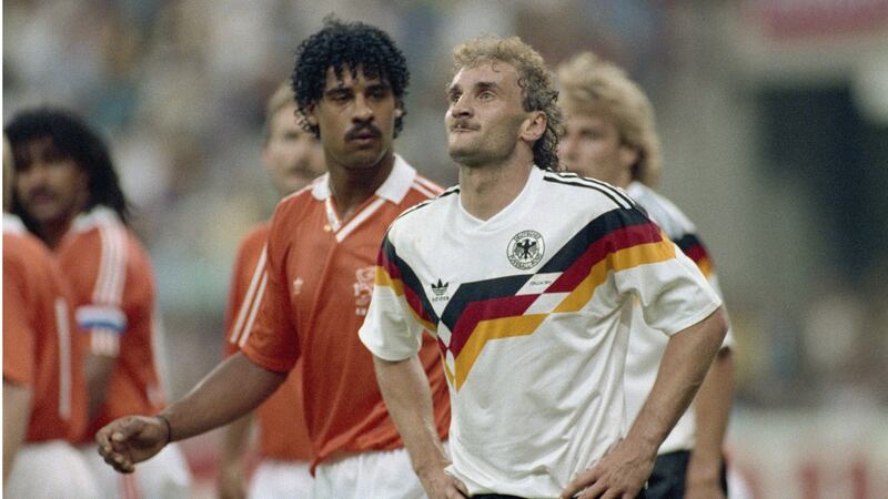 When the two countries met at Italia 90, the Netherlands’ Frank Rijkaard spat at West Germany’s Rudi Voller twice and both men were sent offat the Giuseppe Meazza Stadium in Milan, Italy. West Germany won  2-1. Photograph:  Allsport UK /Allsport
