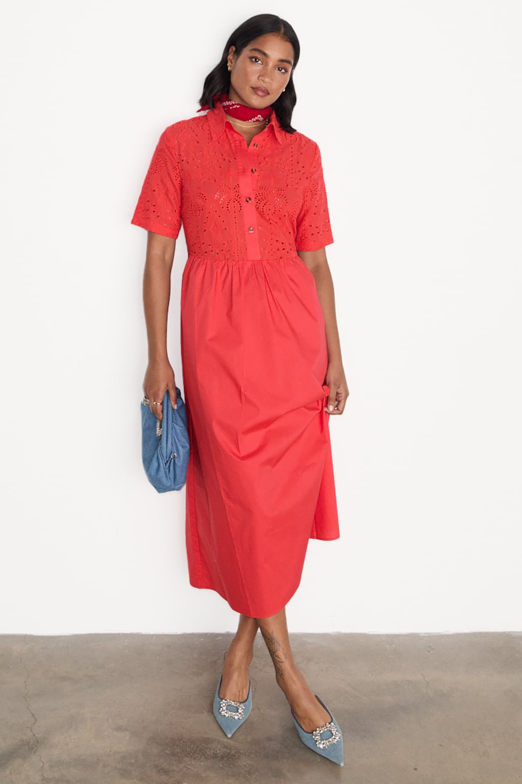 Red dress with embroderie anglaise bodice from Never Fully Dressed at Arnotts, €185
