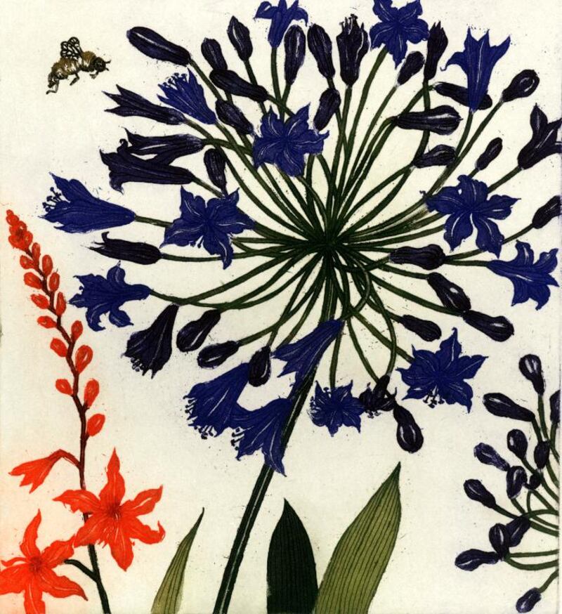 “Agapanthus, Montbretia and a Bee” by Jean Bardon