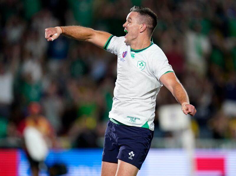 Ireland captain Johnny Sexton celebrates scoring the try against Tonga that saw him go past Ronan O'Gara as Ireland's record points scorer in international rugby. Photograph: Andrew Matthews/PA Wire