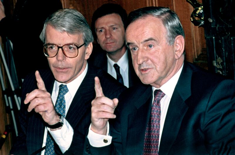 Then British prime minister John Major and then taoiseach Albert Reynolds at a joint press conference on the occasion of the Downing Street Declaration in December 1993. Photograph: Johnny Eggitt/AFP/Getty