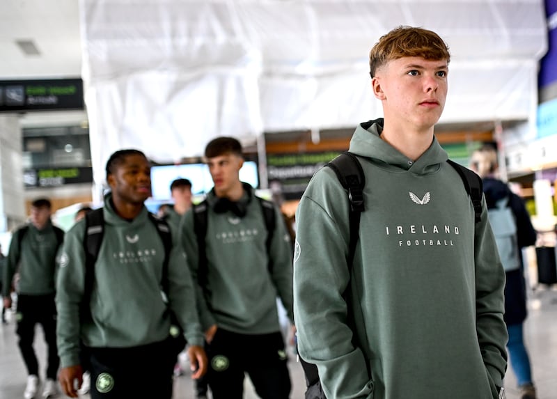 Republic of Ireland's Brody Lee at Dublin Airport ahead of the Republic of Ireland under-17s flight to Qatar. Photograph: Seb Daly/Sportsfile