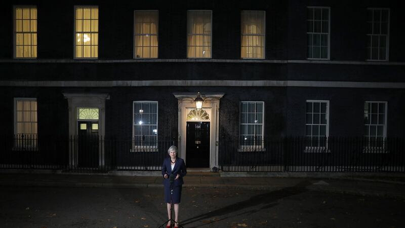 Theresa May outside number 10 Downing Street in London. A number of ministers are urging May to call off Tuesday evening’s vote. Photograph:   Simon Dawson/Bloomberg via Getty Images