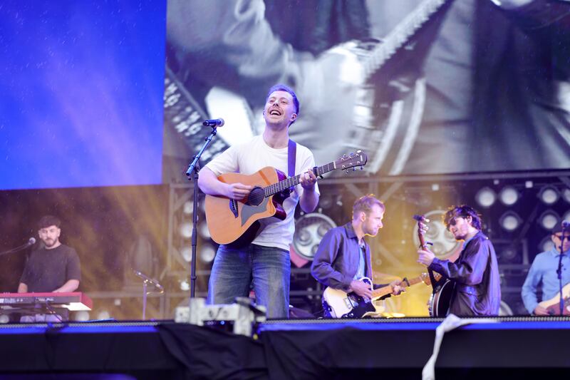 Kingfishr lead singer Eddie Keogh and fellow band members on the main stage at Electric Picnic. Photograph: Alan Betson