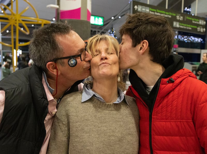 Tom Sykes from Carlow welcomes home his sister, Lucy Sykes Rellie, and her son, Titus Rellie, from New York. Photograph: Colin Keegan/Collins, Dublin