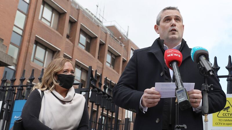 Andrea McGoldrick and John McGoldrick  speaking outside Four Courts after a High Court action. Photograph: Collins Courts.