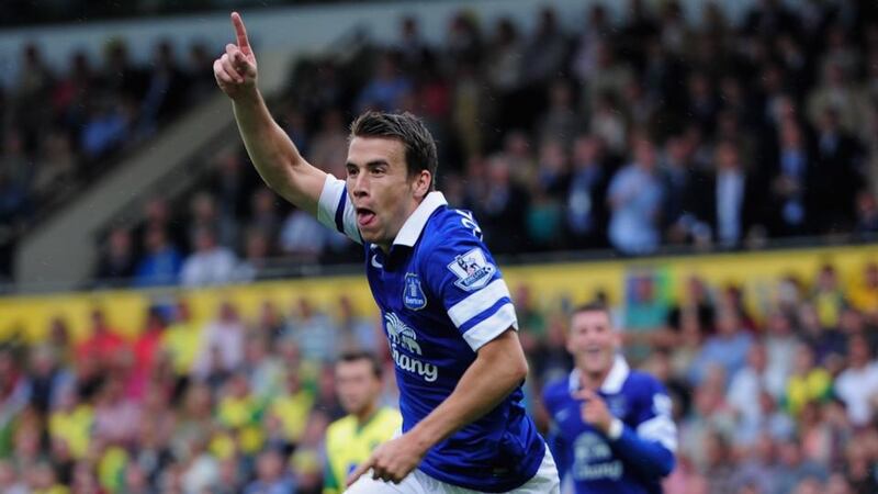 Séamus Coleman of Everton celebrates his goal at Carrow Road. Photograph:   Jamie McDonald/Getty Images