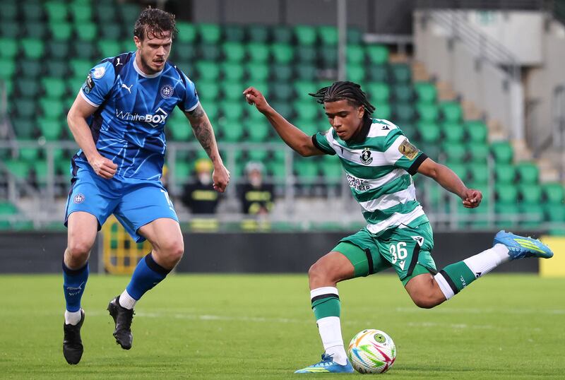 SSE Airtricity League Premier Division, Tallaght Stadium, Dublin 1/5/2026
Shamrock Rovers vs Waterford
Waterford's Conan Noonan and Victor Ozhianvuna of Shamrock Rovers
Mandatory Credit ©INPHO/Bryan Keane