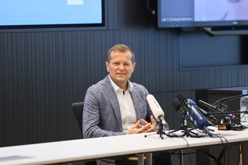 Ferenc Krausz addresses a news conference after co-winning the Nobel Prize in Physics, in Garching, Germany. Photograph: Alexandra Beier/Getty Images