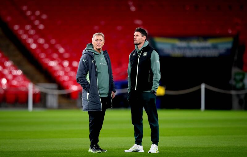Ireland manager Heimir Hallgrimsson with assistant coach Paddy McCarthy. Photograph: Ryan Byrne/Inpho