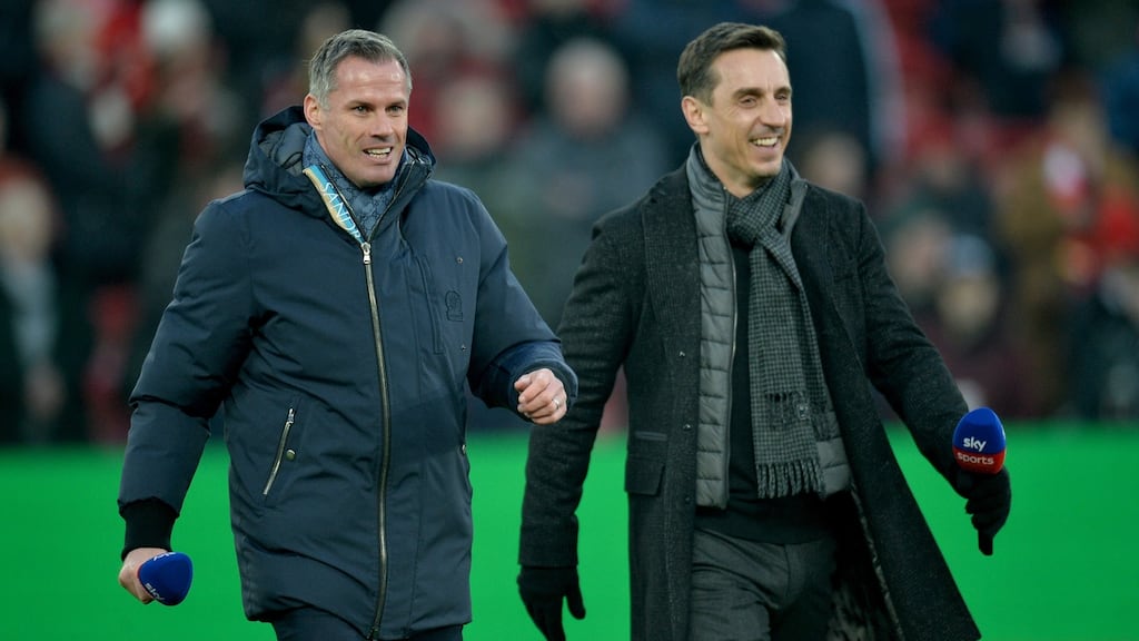 Gary Neville with fellow Sky Sports pundit Jamie Carragher at Anfield yesterday. Photo: Peter Powell/EPA
