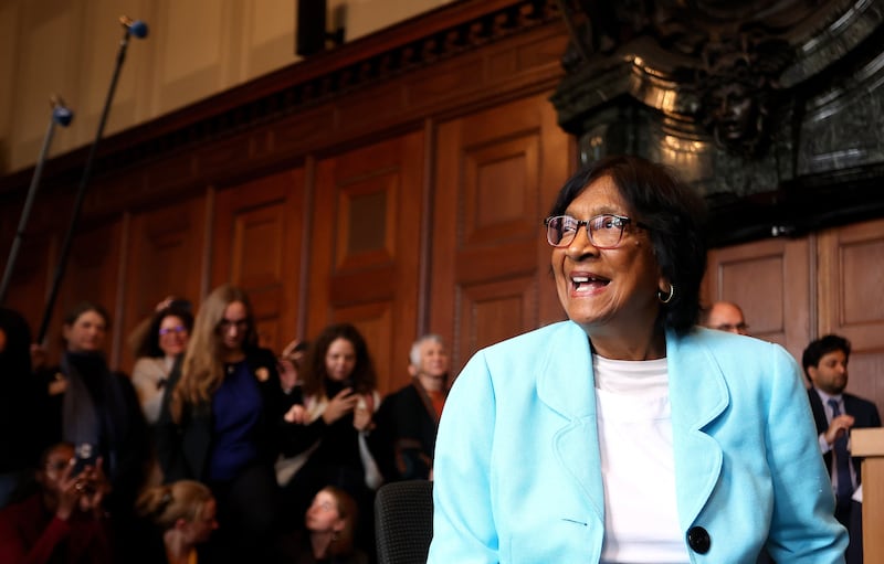 South African lawyer Navi Pillay attending a press conference in Nuremberg, Germany, after being awarded the 2026 Nobel Peace Prize for "her efforts to promote peace and international law". Photograph: EPA