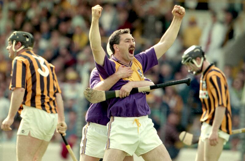 The Wexford vs Kilkenny Leinster hurling final of 1997 in Croke Park was marked by a record attendance; Wexford’s Billy Byrne and Tom Dempsey celebrate victory. Photograph: Inpho