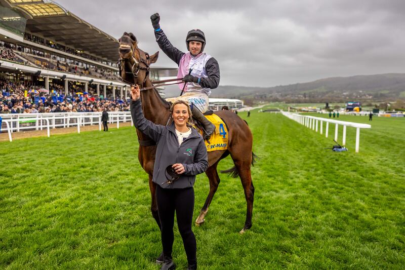 Darragh O’Keeffe celebrates winning the Ryanair Chase on Heart Wood with groom Niamh Harding. Photograph: Morgan Treacy/Inpho
