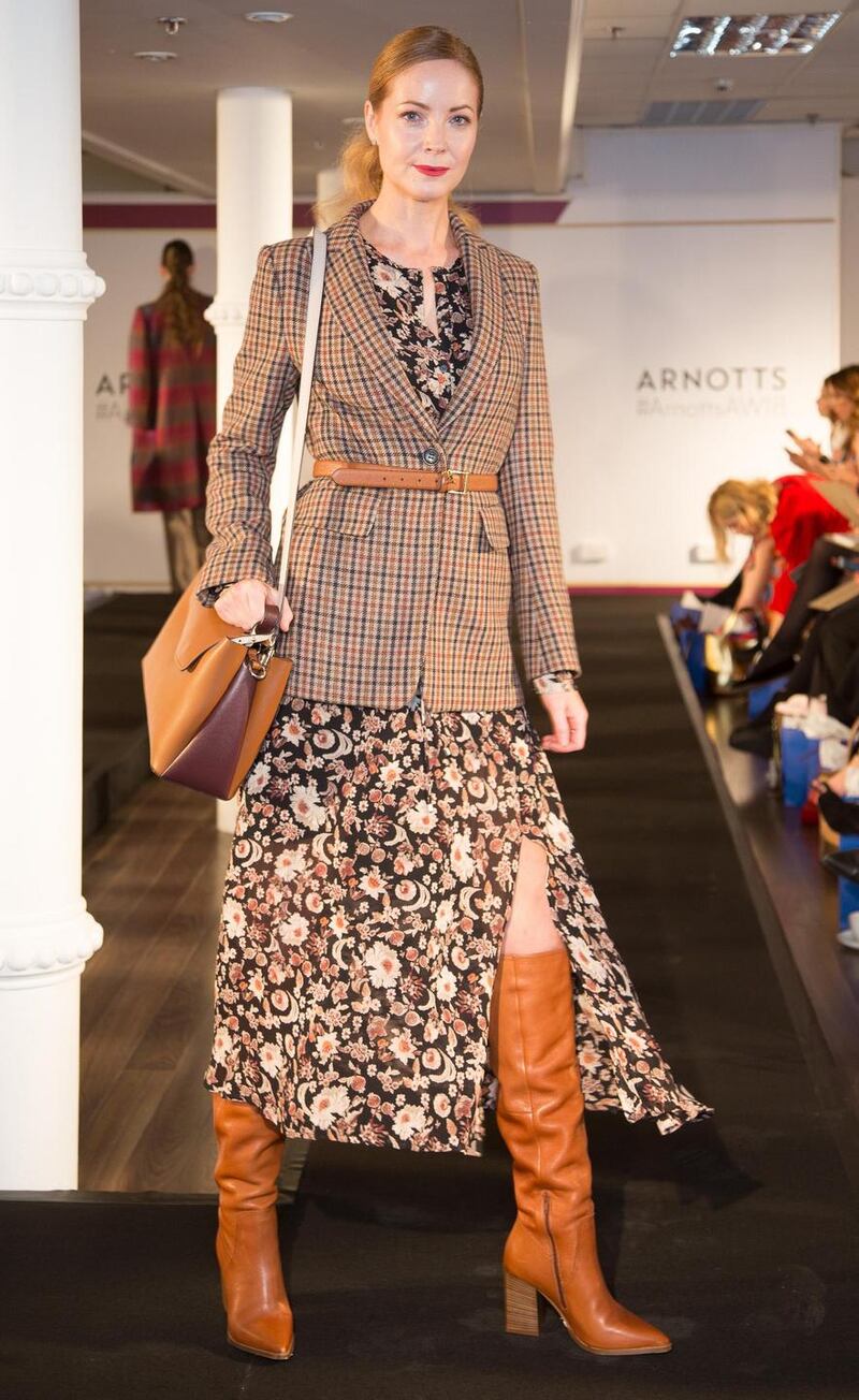 Brown check blazer, Luisa Cerano, €550; Floral dress, Inwear, €130; Tan bag, Guess, €139; Tan boots, Jonak, €215