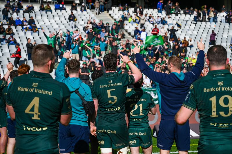 Connacht acknowledge their fans after Saturday's URC victory against Stormers in Cape Town. Photograph: Inpho/Steve Haag Sports/Darren Stewart