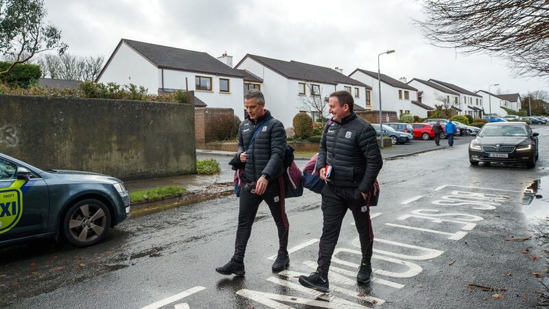 Pádraic Joyce and selector John Concannon arrive for the Connacht final against Mayo last year. Photo: James Crombie/Inpho