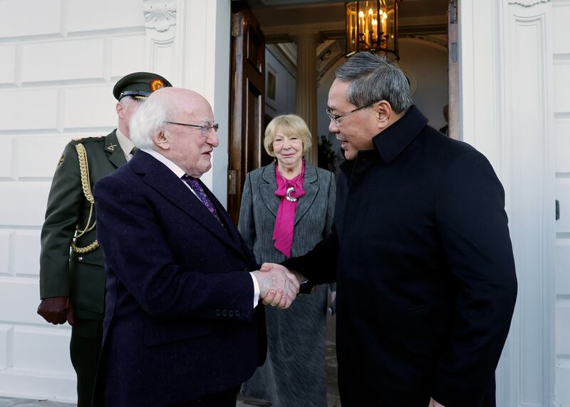 President Michael D Higgins with Chinese premier Li Qiang at Áras an Uachtaráin in Dublin, during Qiang's two-day visit to Ireland. Photograph: Maxwells/PA Wire 