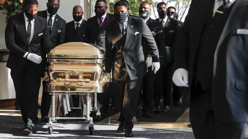 Pallbearers bring the casket into  church for the funeral of  George Floyd at The Fountain of Praise church   in Houston, Texas, on Tuesday. Photograph: Godofredo A Vásquez/Getty