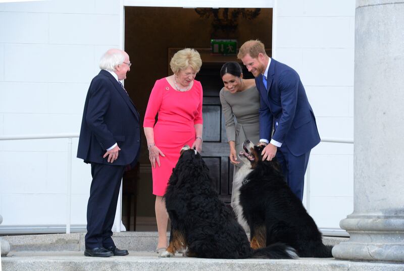 Prince Harry and his wife Meghan Markle meeting Michael D Higgins and his wife Sabina and their dogs Bród and Síoda at the Áras in 2018. Photograph: Cyril Byrne/The Irish Times