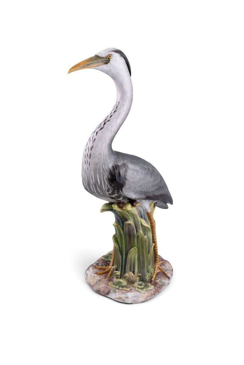 A large Meissen porcelain heron on bullrushes will be auctioned through Adam's of St Stephen's Green (€8,000-€10,000)
