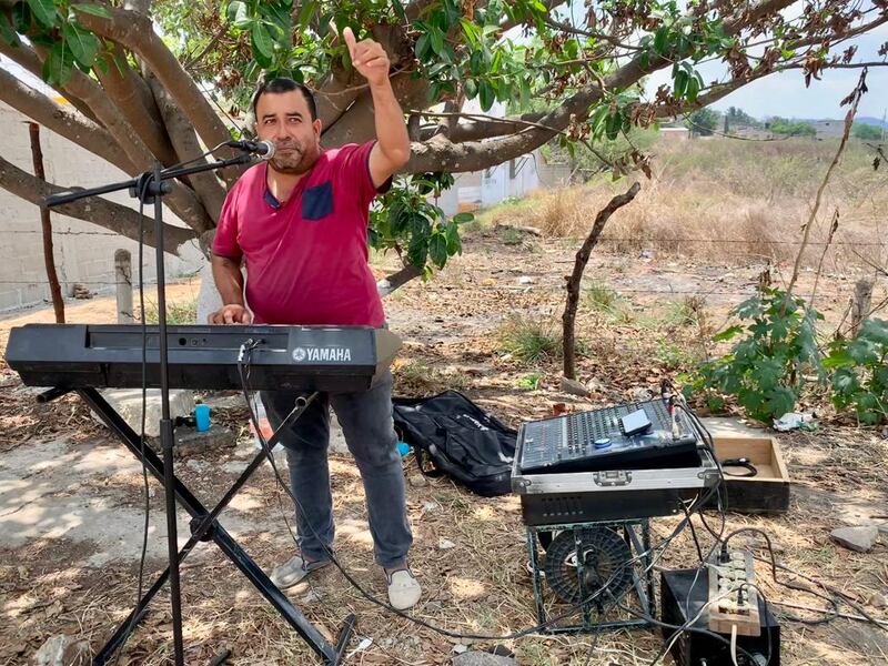 Gabriel banged out tunes on an electric piano, aided by a loudspeaker and microphone. Photograph: Peter Murtagh