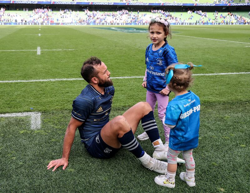 Jamison Gibson Park with his daughters Iris and Isabella after the victory over Toulouse in the 2022 Champions Cup semi-final at the Aviva Stadium. Photograph: Dan Sheridan/Inpho