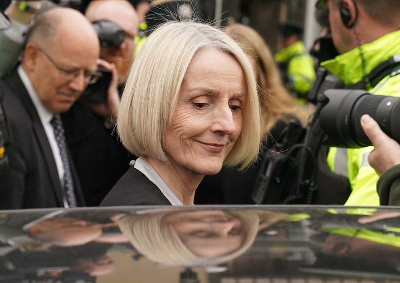 Jeffrey Donaldson's wife, Eleanor Donaldson, leaving Newry Magistrates' Court in 2024. Photograph: PA
