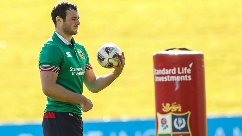 Robbie Henshaw introduced himself and the team in Irish. Photograph: Billy Stickland/INPHO