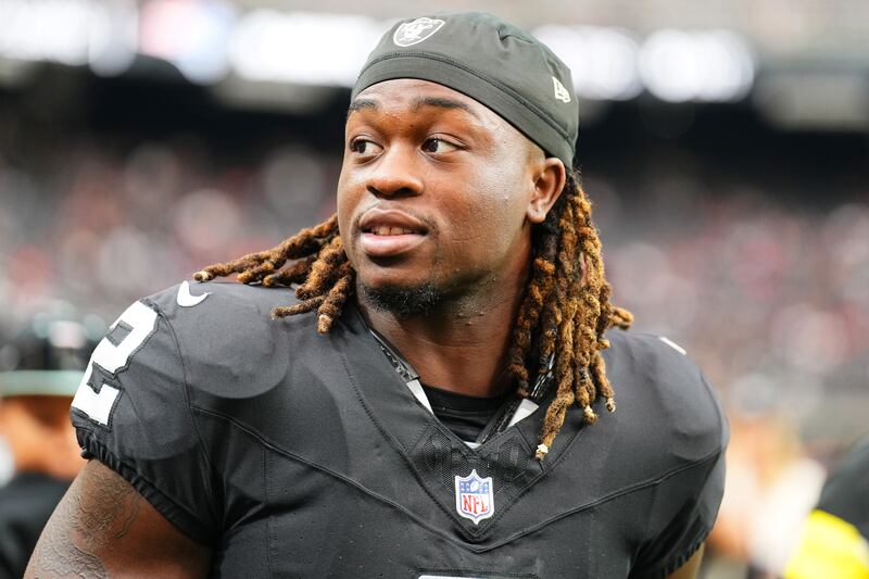 Ashton Jeanty of the Las Vegas Raiders warms up ahead of the game against the Chicago Bears. Photograph: Chris Unger/Getty Images