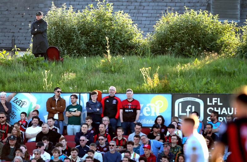 Damien Duff watches Shelbourne against Bohemians on May 16th having received a touchline ban following their previous fixture. Photograph: Ryan Bryne/Inpho