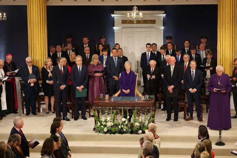 Catherine Connolly, Ministers, former presidents and taoisigh at the presidential inauguration ceremony in St Patrick’s Hall, Dublin Castle. Photograph: Dara Mac Dónaill/The Irish Times

