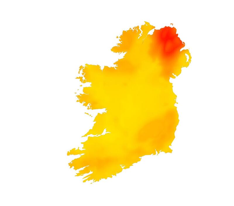 Map indicating possible temperatures of the Earth’s crust at about 2.5km depth. Courtesy of Ben Mather, Dublin Institute for Advanced Studies/Geological Survey Ireland