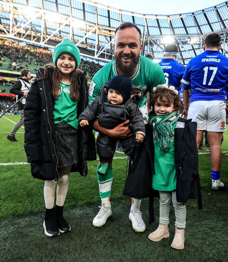 Ireland’s Jamison Gibson-Park with his son Jai and daughters Isabella and Iris at the Aviva Stadium on February 11th. Photograph: Dan Sheridan/Inpho