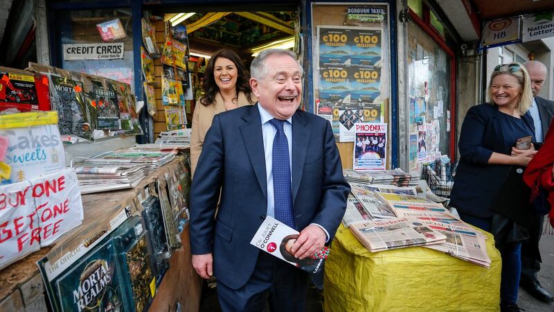 Labour Party leader Brendan Howlin canvassing in Dún Laoghaire with the party’s candidate Juliette O’Connell. Photograph by Crispin Rodwell
