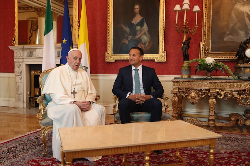Pope Francis pictured with then taoiseach Leo Varadkar at Dublin Castle on August 25th, 2018. Photo: Niall Carson/PA 